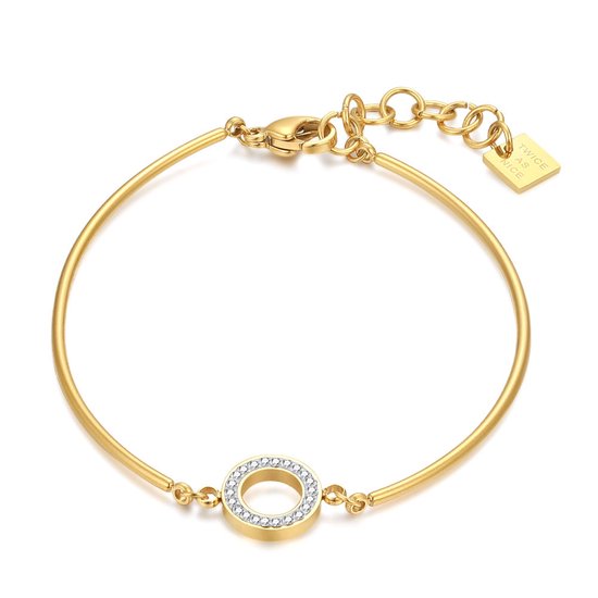 Twice As Nice Armband in goudkleurig edelstaal, cirkel witte kristallen 19 cm