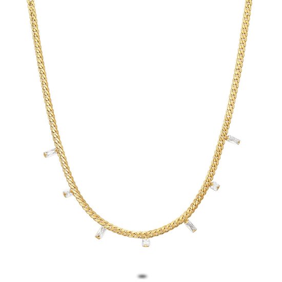 Twice As Nice Halsketting in goudkleurig edelstaal, 7 witte zirkonia, rechthoekig en vierkant 36 cm + 5 cm