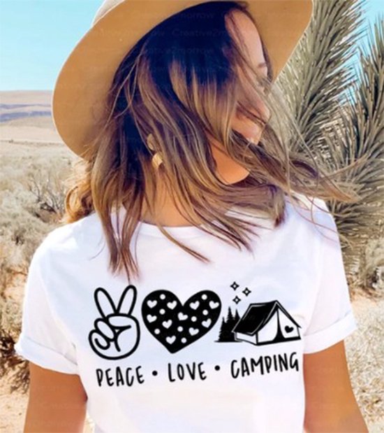 Tshirt - Peace Love Camping - Wit - Maat L