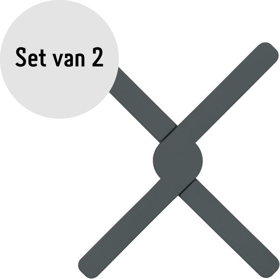 Een donkergrijze, opengewerkte siliconen pannenonderzetter met de tekst 'Set van 2'.