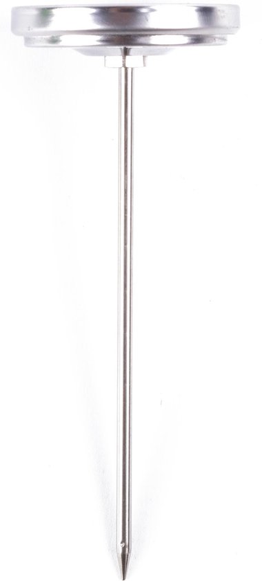 Zilverkleurige vleesthermometer met een lange, puntige sonde en een ronde wijzerplaat.