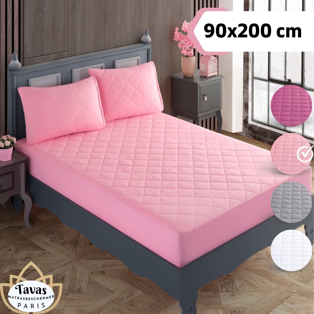 Tavas Waterdicht Matrasbeschermer 90x200 cm Roze Gewatteerde 100% Katoen Molton Hoeslakenbadstof Rondom Elastiek Waterdichte Matras Beschermer Incontinentie