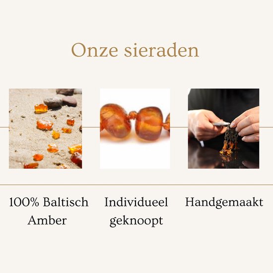 Collage met foto's van barnsteen: ruwe barnsteen op zand, barnsteenkralen en een hand die barnsteen verwerkt.