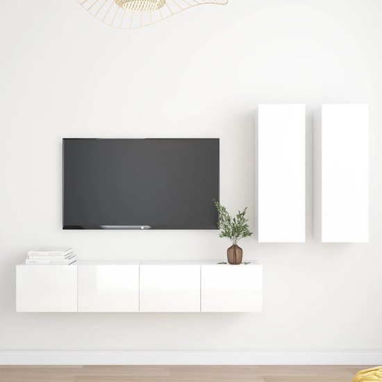 The Living Store Televisiemeubelset - Hoogglans wit - 2x 80x30x30 cm + 2x 30.5x30x90 cm