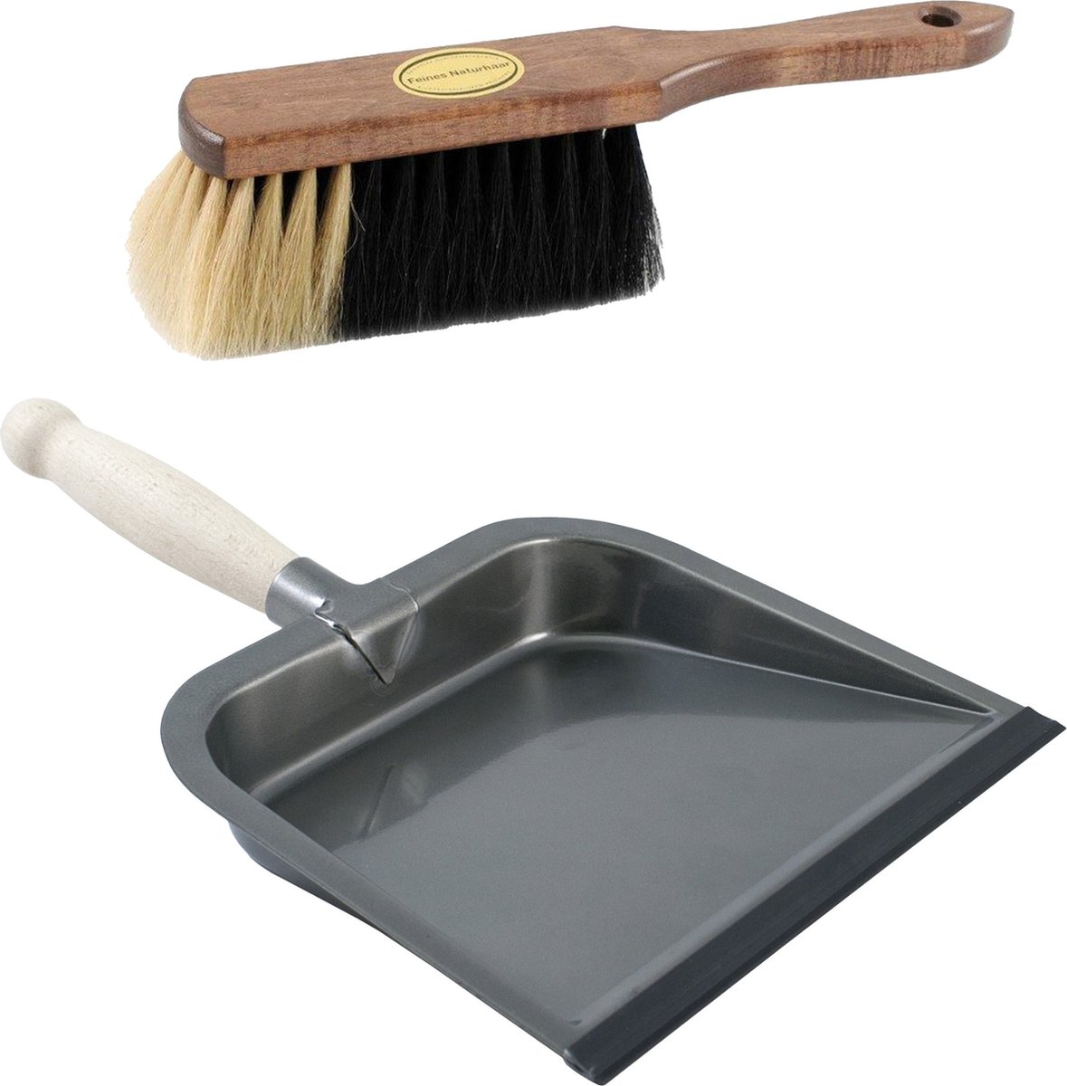 Goedkoopste stoffer met houten handvat - zacht paardenhaar - zwart metalen blik - houten handvat