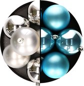Decoris Kerstballen - 12x st - 8 cm - zilver en blauw - kunststof