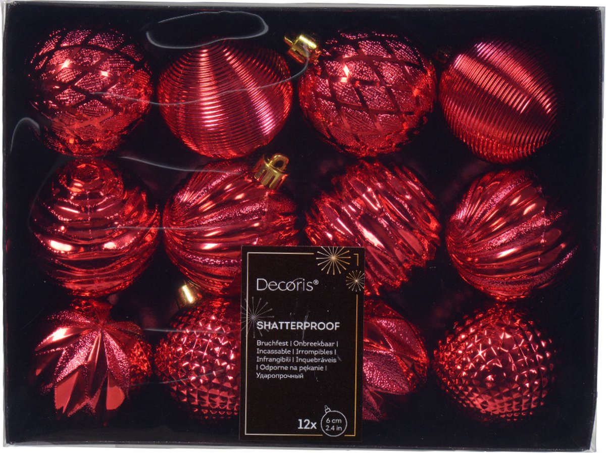 Bol.com Decoris kerstballen gedecoreerd - 12x - 6 cm -kunststof - rood aanbieding