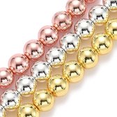 Perles en pierre naturelle, Hématite, perles rondes de 8mm, trou 1mm. Set de trois brins d'environ 40cm en or, or rose et argent