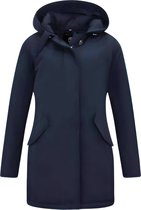 Donkerblauwe winterjas met capuchon, knopen en twee schuine steekzakken
