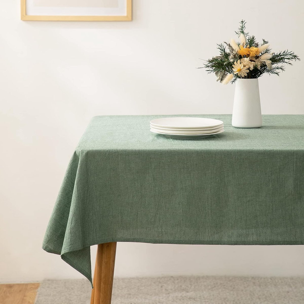 Tafelkleed, groen, linnenlook, 100% gewassen katoen, vierkant, 140 x 200 cm