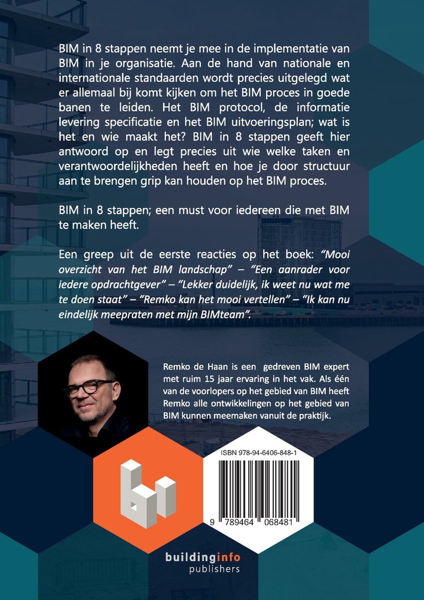 Achterkant van het boek 'BIM in 8 stappen' met een foto van Remko de Haan, een korte biografie, citaten en ISBN.