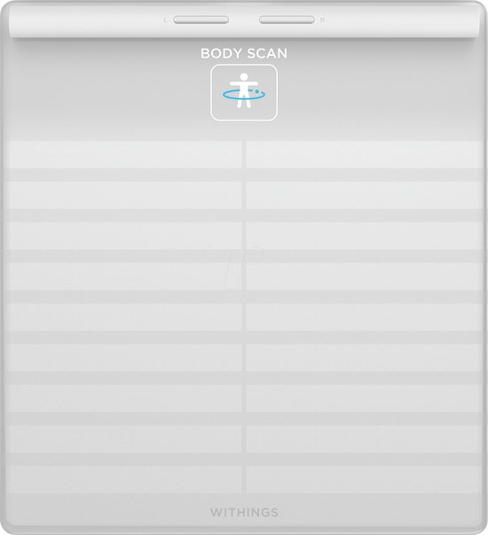 Witte Withings Body Scan weegschaal met een display met een icoon van een persoon die een cirkel draait.