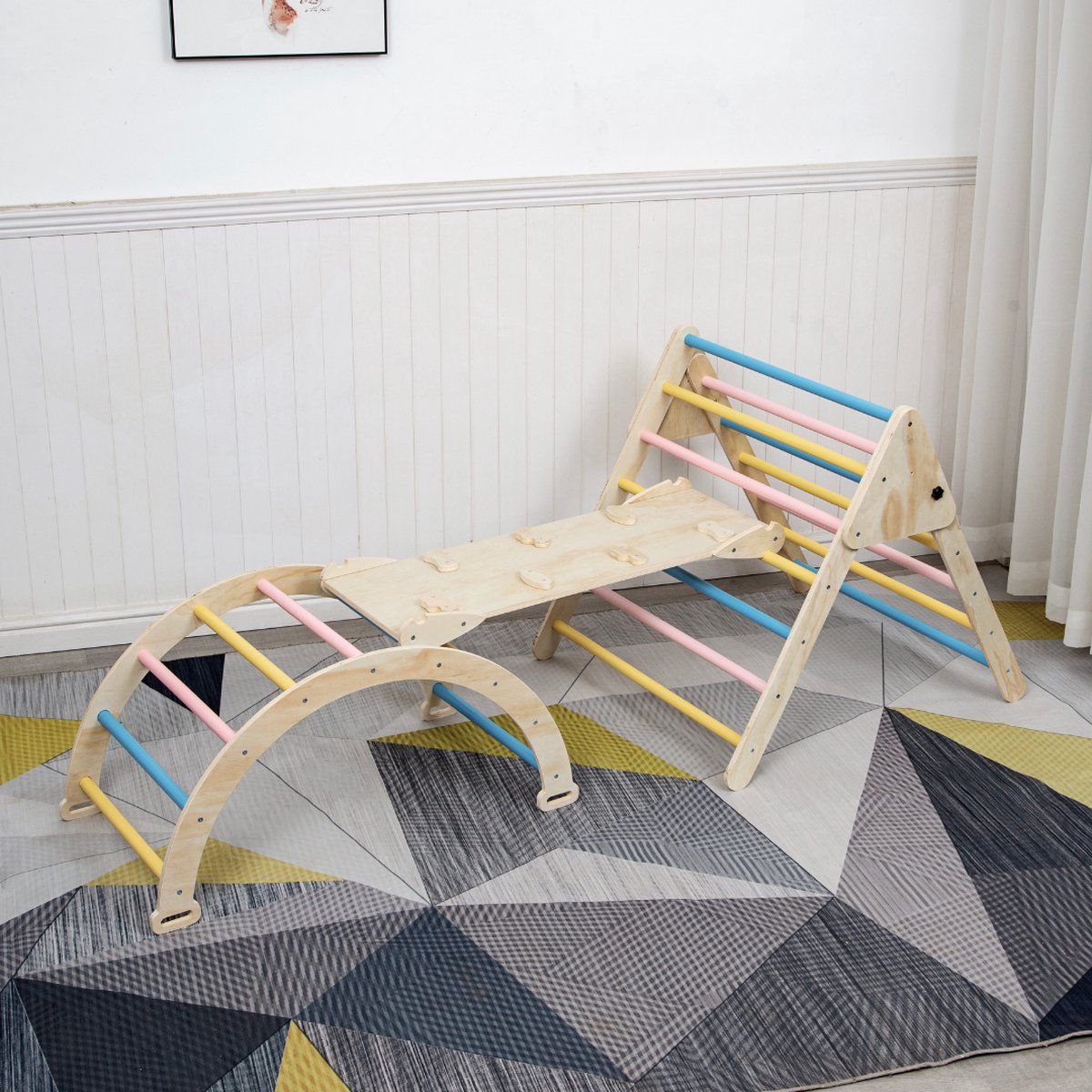 Buxibo XXL Klimrek - Opvouwbare Driehoek + Klimboog + Helling met Glijbaan - Montessori Meubels Houten Speelgym - Pastel - 210x83x81cm — afbeelding 13