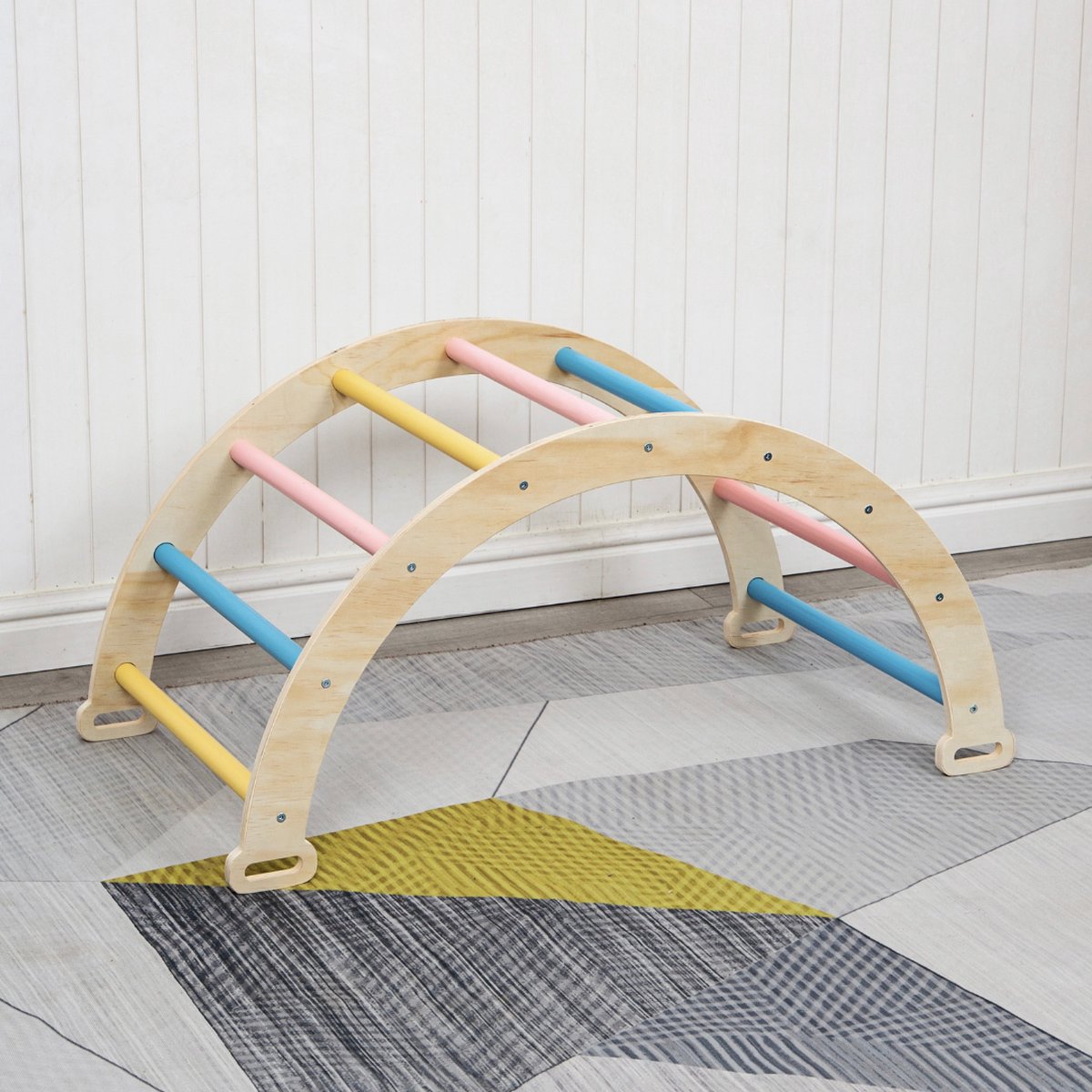 Buxibo XXL Klimrek - Opvouwbare Driehoek + Klimboog + Helling met Glijbaan - Montessori Meubels Houten Speelgym - Pastel - 210x83x81cm — afbeelding 16