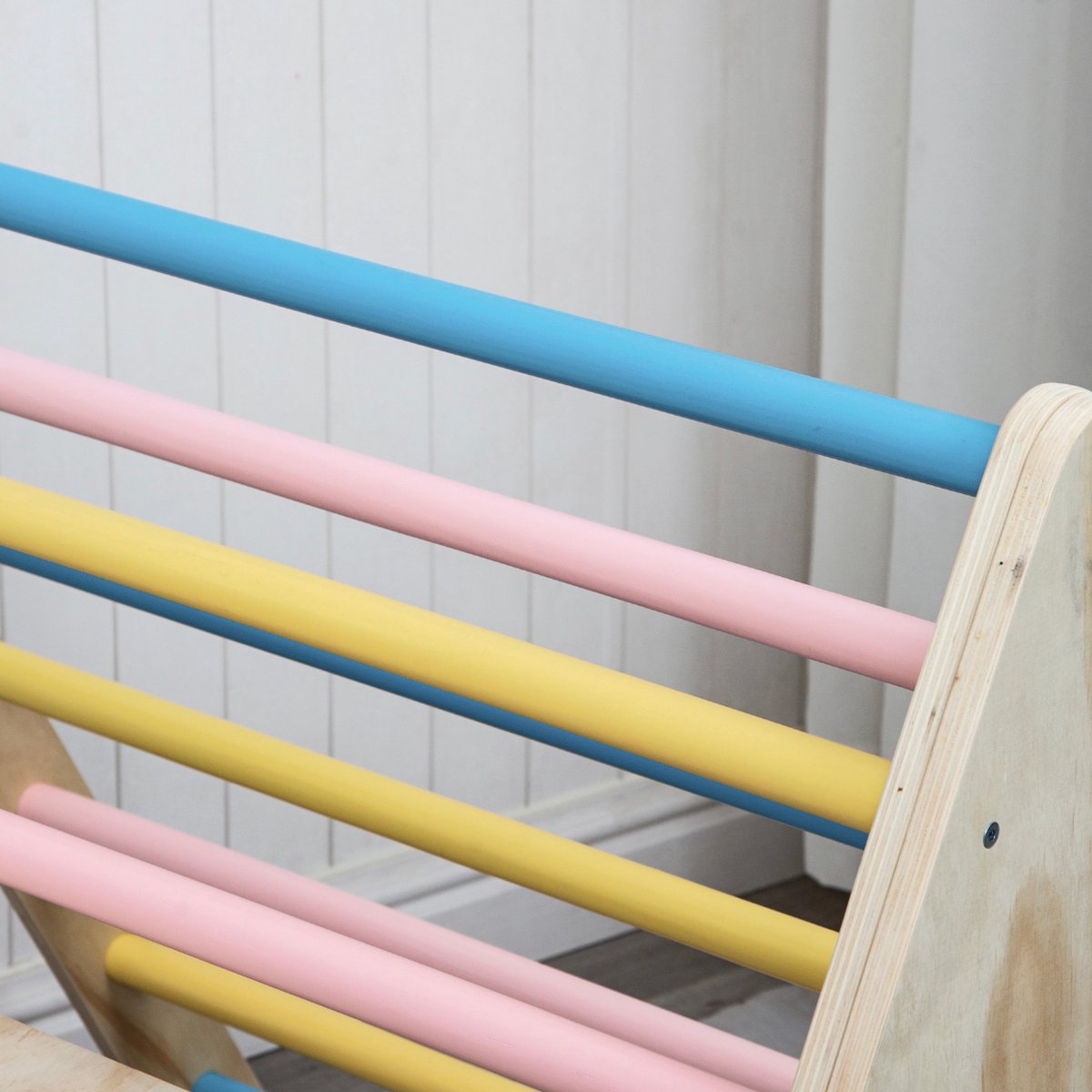 Buxibo XXL Klimrek - Opvouwbare Driehoek + Klimboog + Helling met Glijbaan - Montessori Meubels Houten Speelgym - Pastel - 210x83x81cm — afbeelding 4
