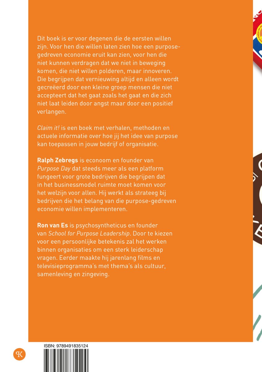 Achterkant boek met tekst over 'Claim it!' door Ron van Es en Ralph Zebregs, ISBN.