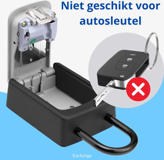 Open sleutelkluis met een rode kruis-sticker over een autosleutel. Tekst: Niet geschikt voor autosleutel.