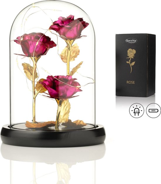 Luxe Roos in Glas met LED – 3x Gouden Roos in Brede Glazen Stolp – Moederdag - Cadeau voor vriendin moeder haar - Roze 3x Roos Brede Stolp - Qwality