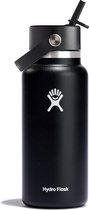 Drinkfles 946 ml (32 oz) met Flex Straw-deksel Vacuüm geïsoleerde, herbruikbare fles van roestvrij staal Lekvrij deksel Brede opening Zwart