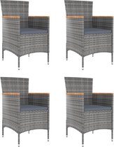 The Living Store Tuinstoelen - Poly rattan - Grijs - 61 x 60 x 88 cm - Massief acaciahout armleuningen - Inclusief kussens - Set van 4