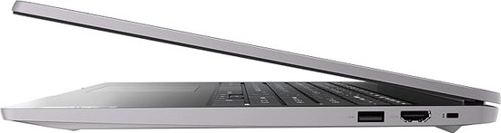 Zijaanzicht van een gesloten zilverkleurige Lenovo laptop, met zichtbare poorten aan de zijkant.