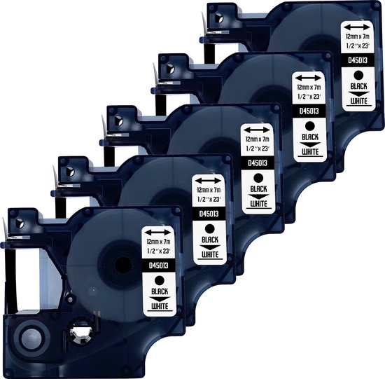 Étiquettes en plastique DULA D1 45013 pour Dymo LabelManager - Zwart sur Wit - 12 mm x 7 m - S0720530 Tape étiquettes - Paquet de 5