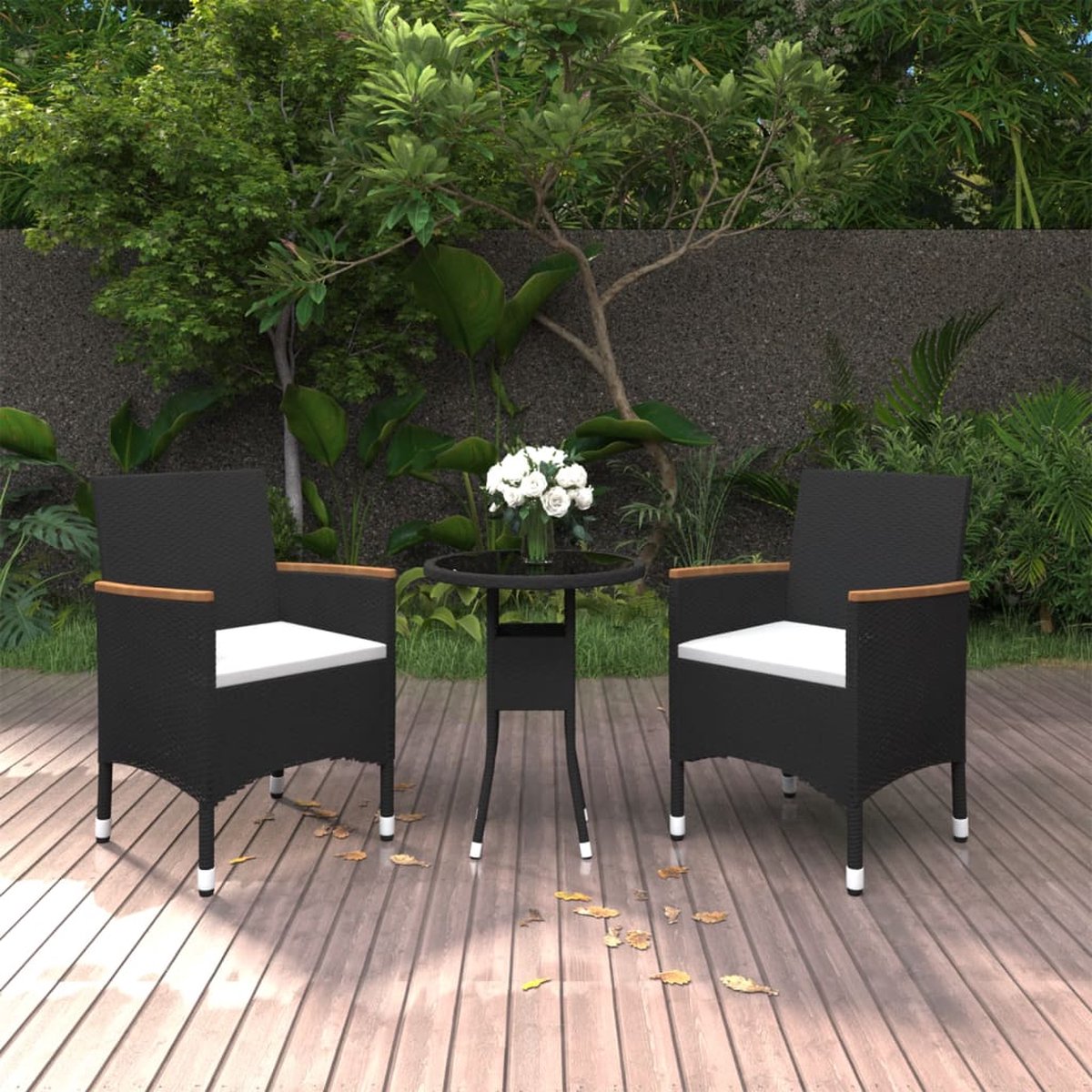 The Living Store 3-delige Tuinset poly rattan zwart - Tuinstoel - Tuintafel - Buitenshuis Eten - Lounge Set - Poly Rattan