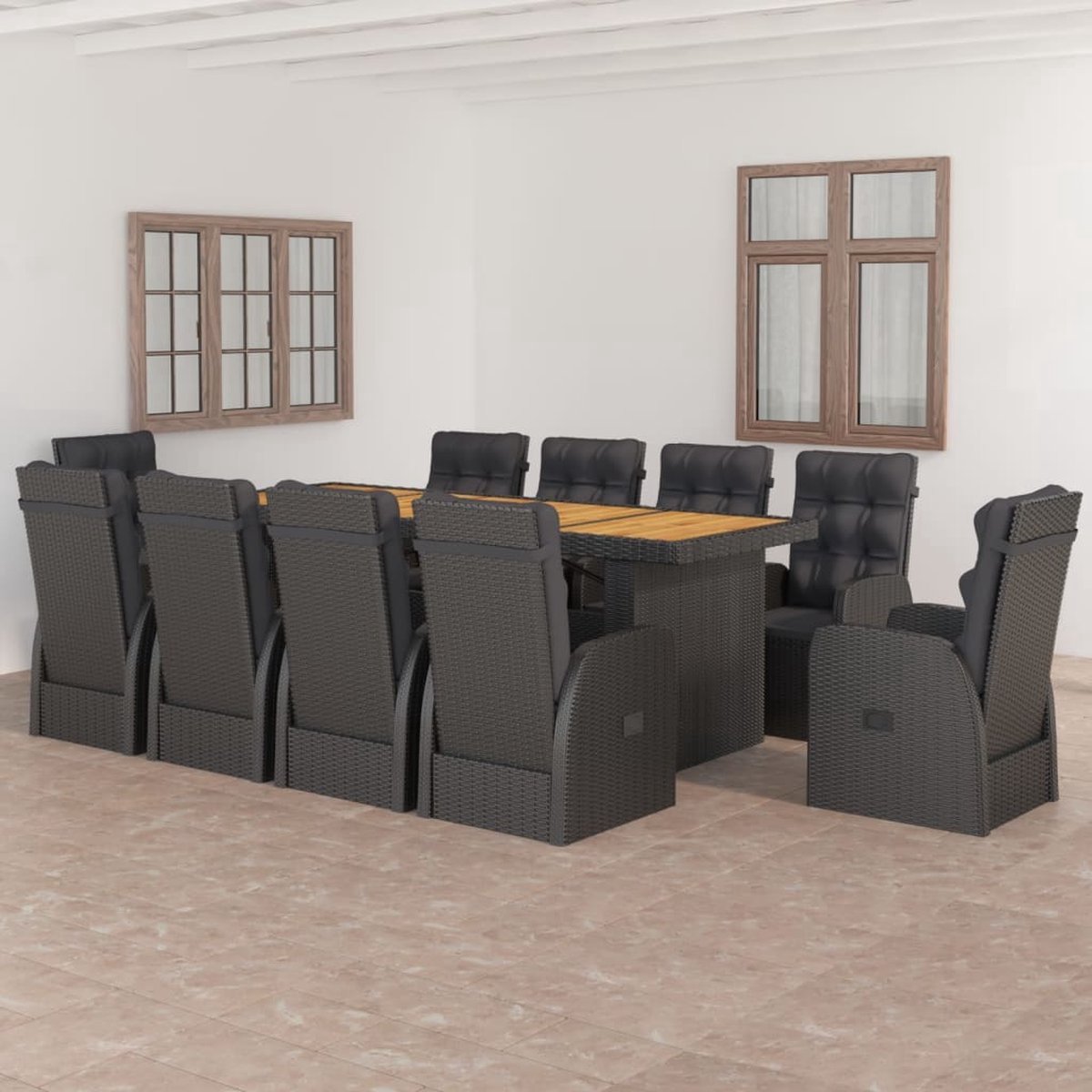 Zwart poly rattan tuinset met kussens en eettafel - The Living Store.