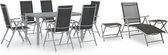 The Living Store Tuinset - Aluminium - Zwart/Zilver/Lichtgrijs - 6 stoelen - 1 ligstoel - 2 voetensteunen/tafels - 1 eettafel