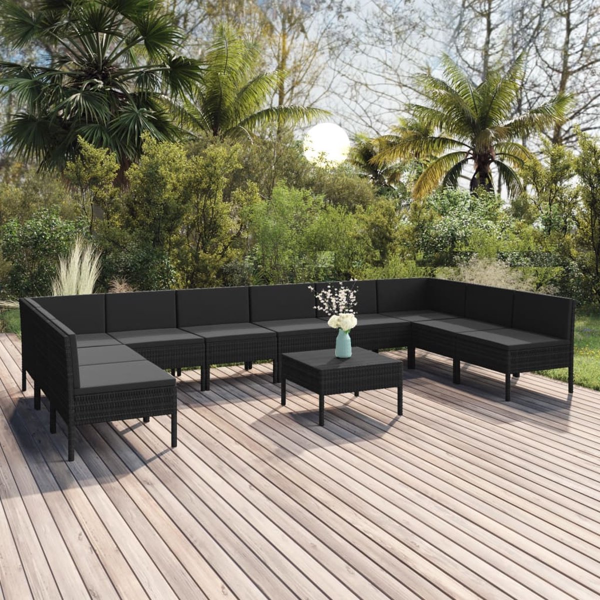 The Living Store 11-delige Loungeset met kussens poly rattan zwart - Lounge Set - Tuinset - Loungestoel - Buis Stoffen Bank - Outdoor Furniture