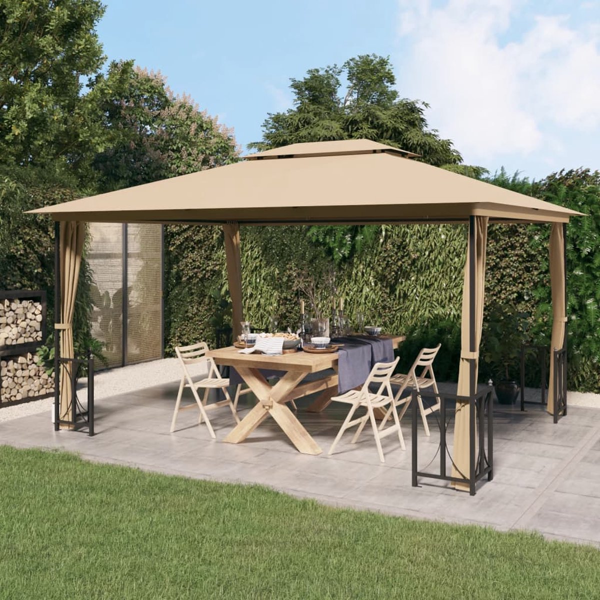 Elegante taupekleurige tuinprieel van The Living Store met zijwanden en dubbel dak, afmetingen 3x4 m.