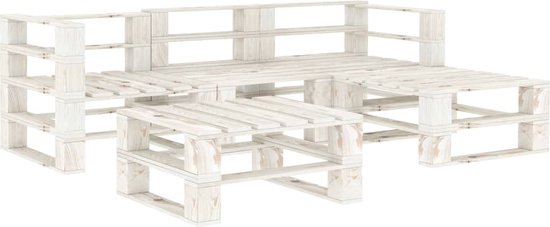 The Living Store Pallet Loungeset - Wit Grenenhout - Hoekbank 70x67.5x60.8 - Middenbank 60x67.5x60.8 - Tafel/hocker 60x61.5x30.4 - Montage vereist