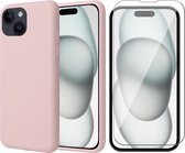 Hoesje geschikt voor iPhone 15 Plus - Screen Protector GlassGuard - Back Cover Case SoftTouch Roze & Screenprotector