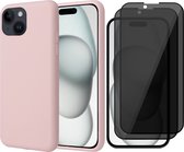 Hoesje geschikt voor iPhone 15 - 2x Privacy Screen Protector FullGuard - Back Cover Case SoftTouch Roze & Screenprotector