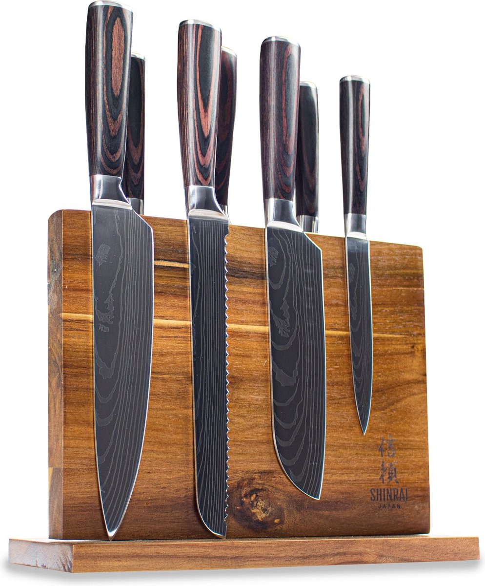 Bol.com Shinrai Knives Messenset met Blok - 7 Delige Messenset - Messen met Damascus Print - Magnetisch Messenblok Dubbelzijdig ... aanbieding
