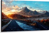Canvas - Bergen - Zonsondergang - Sneeuw - Planten - 150x100 cm Foto op Canvas Schilderij (Wanddecoratie op Canvas)