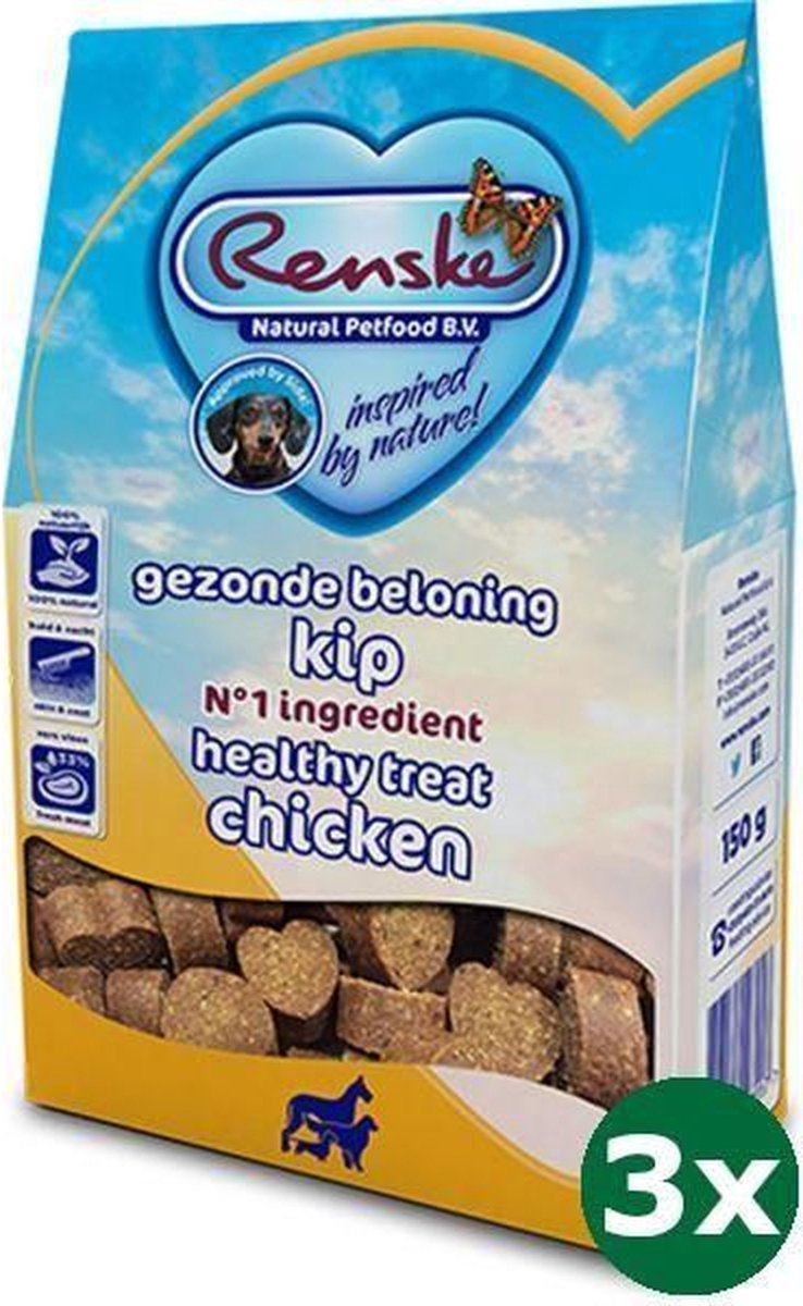 3x150 gr Renske gezonde beloning hartjes kip hondensnack