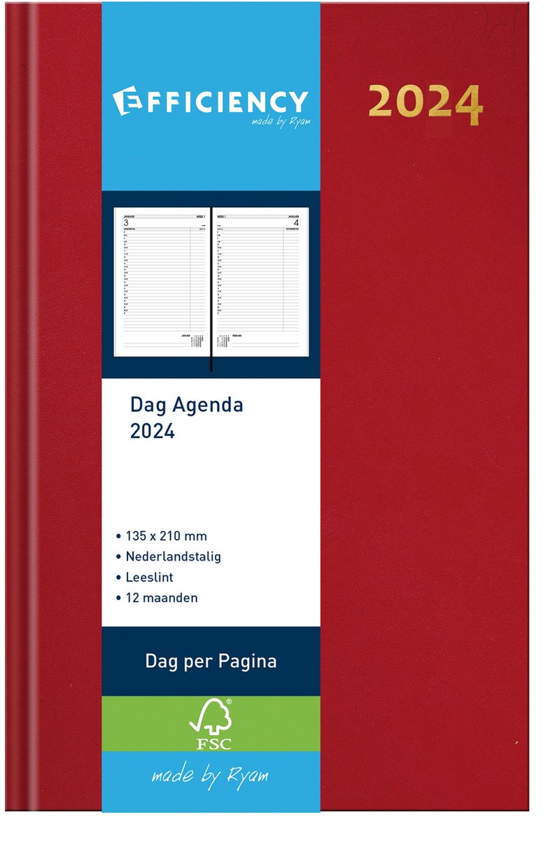 Bureau Agenda 2024 ROOD 1 dag per pagina (13.5cm x 21cm)