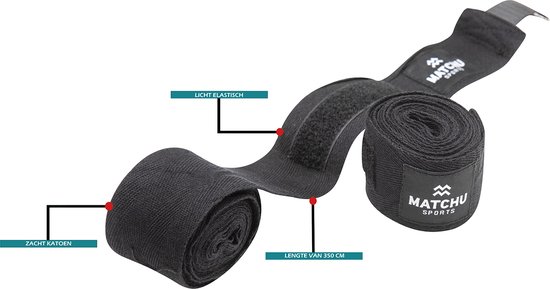Zwarte boksbandages van Matchu Sports, 350 cm lang, van zacht, licht elastisch katoen.