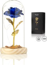 Rose de Luxe en Glas avec LED - Rose dorée sous cloche en Verres - Fête des mères - Connue de La Beauty et la Bête - Cadeau pour la mère de son amie - Blauw avec feuilles - Base lumineuse - Qwality