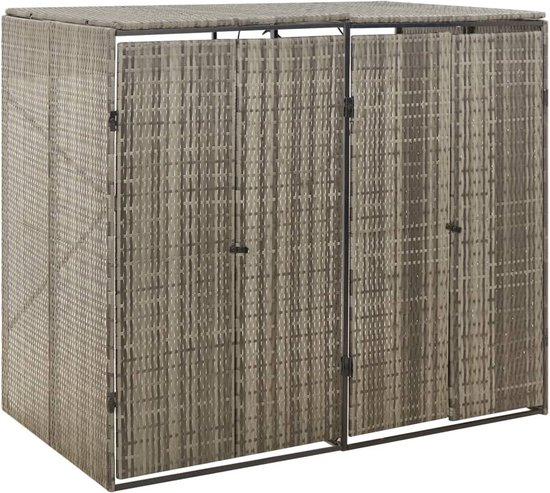 Grijze containerberging met vier deuren en een gevlochten textuur.