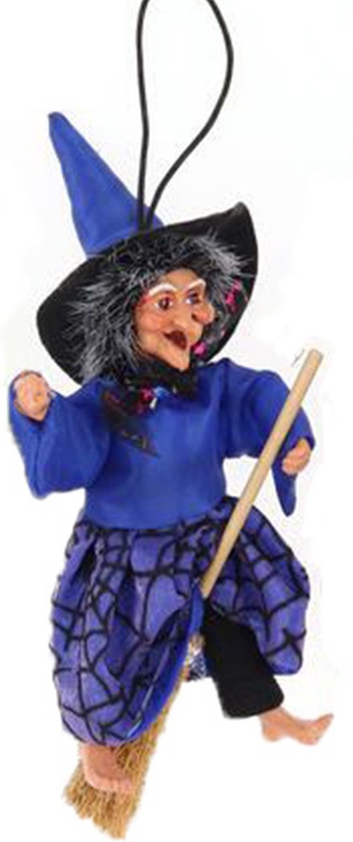 Creation decoratie heksen pop - vliegend op bezem - 10 cm - zwart/blauw - Halloween versiering