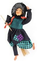 Creation decoratie heksen pop - vliegend op bezem - 30 cm - zwart/emerald - Halloween versiering
