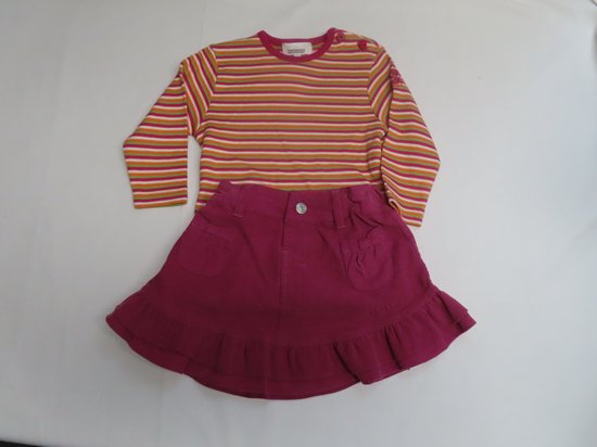 Ensemble - Meisje - Rok rib roze - T shirt lange mouw streepje- 1 jaar 80