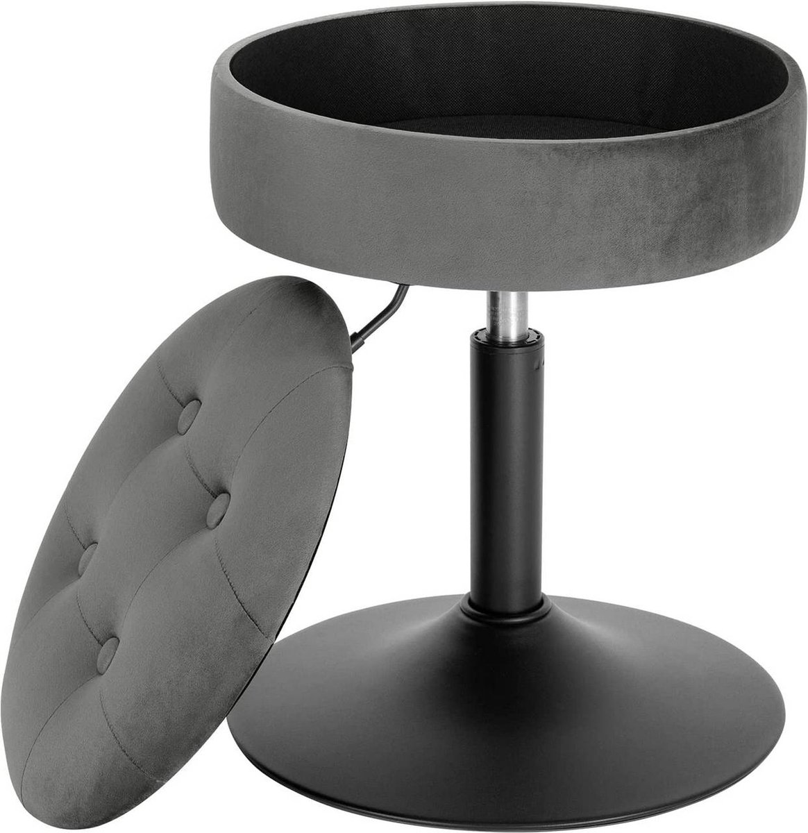 Happyment Mini Barkruk - Grijs - Set van 1 - Kleine ronde kruk - Met opbergruimte - Keuken - Barstoel - Velvet - Verstelbaar in hoogte - Zithoogte 49-65cm