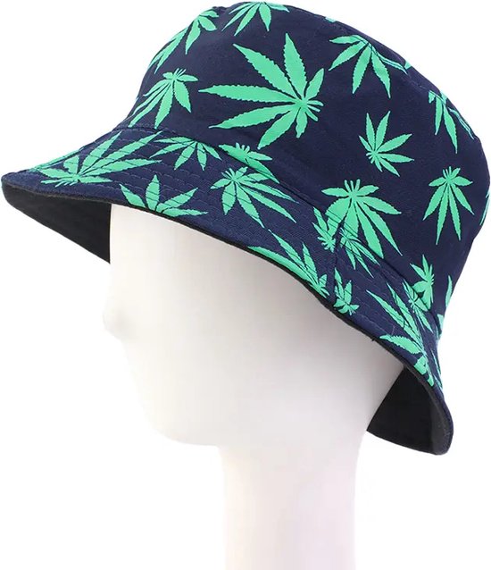 Bucket hat vissershoed donker blauw met print wiet bladeren maat one size