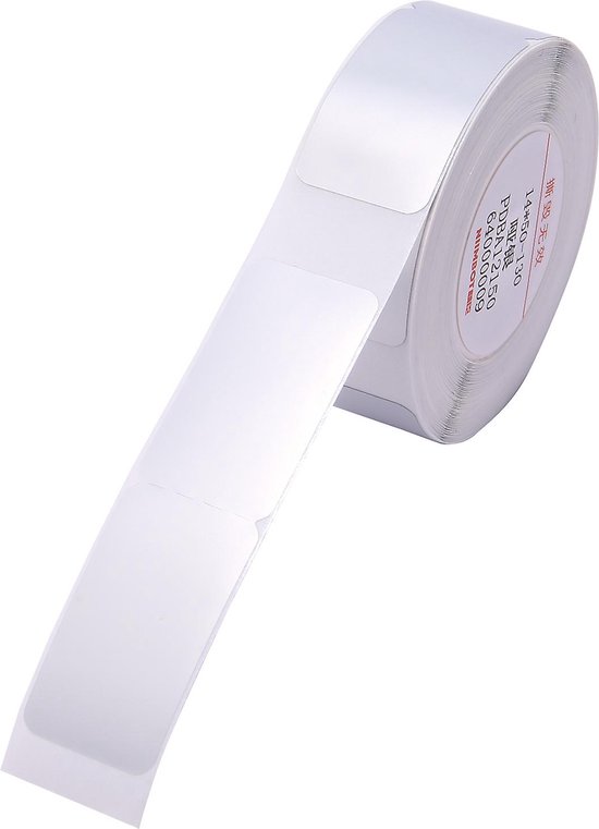 Rol met witte, rechthoekige etiketten van 14x50mm.