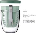 Gobelet déjeuner Mepal Ellipse vert, étanche, avec fourchette inox. Le couvercle est séparé.