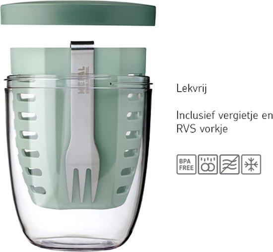 Gobelet déjeuner Mepal Ellipse vert, étanche, avec fourchette inox. Le couvercle est séparé.