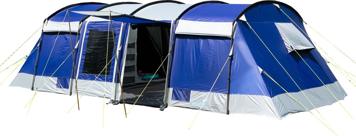 Skandika Montana 12 Sleeper Tent – Tunneltenten – Sleeper Technology (extra donkere slaapcabines) - Familietent – Voor 12 personen – Ingenaaide tentvloer - Muggengaas – 2-4 slaapcabines – 200cm stahoogte – 700x420x200cm (LxBxH) – Kamperen – blauw/wit